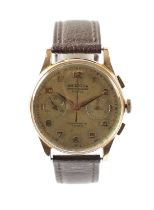 AN 18CT YELLOW GOLD HEDICOR 19 JEWEL MANUAL WIND CHRONOGRAPH MANUAL GENTLEMANS WRISTWATCH