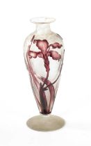 AN EARLY 20TH CENTURY DAUM NANCY SHOULDERED TAPERING CAMEO AND WHEEL-CARVED FROSTED GLASS VASE