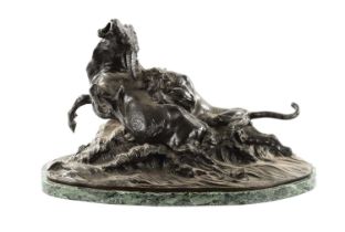 AN IMPRESSIVE MEIJI PERIOD JAPANESE ANIMALIER BRONZE SCULPTURE OF LARGE SIZE