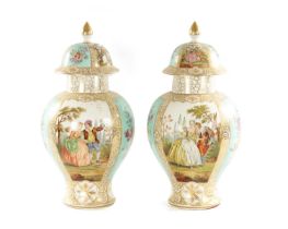 A IMPRESSIVE LARGE PAIR OF LATE 19TH CENTURY DRESDEN PORCELAIN HALL VASES AND COVERS