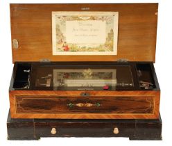 A GOOD 19TH CENTURY SWISS MARQUETRY AND WALNUT CASED MUSIC BOX WITH INTERCHANGEABLE BARRELS BY BREVE