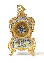 A 19TH CENTURY FRENCH ORMOLU AND CHAMPLEVE ENAMEL MANTEL CLOCK