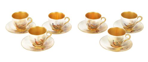 JAMES STINTON. A GOOD SET OF SIX ROYAL WORCESTER CABINET CUPS AND SAUCERS