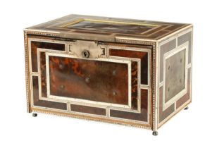 A FINE 17TH CENTURY ANGLO PORTUGUESE TORTOISESHELL AND IVORY PANELLED TABLE CASKET OF LARGE SIZE