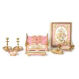 A 19TH CENTURY FRENCH SERVES STYLE PORCELAIN AND ORMOLU MOUNTED DESK SET