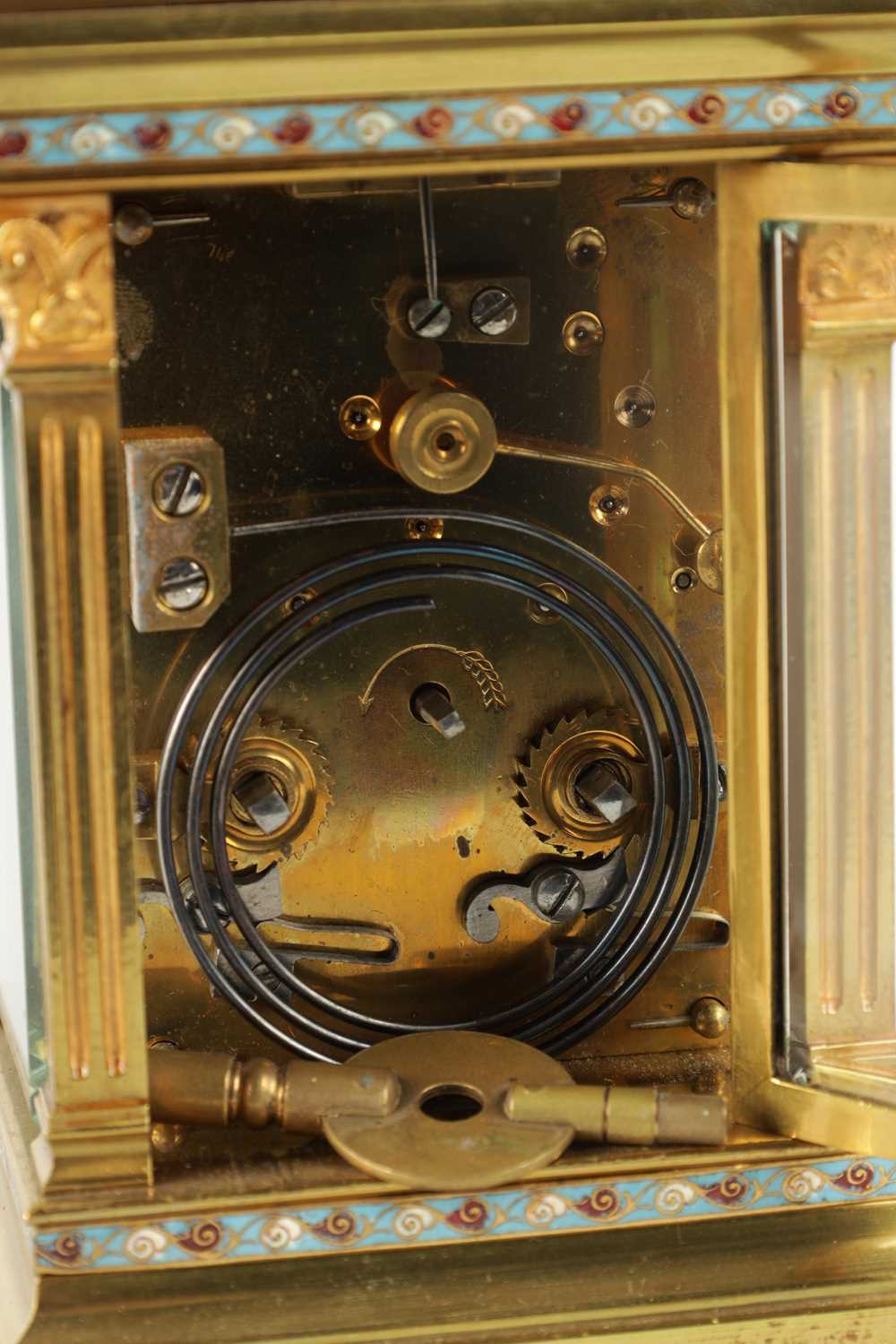 A LATE 19TH CENTURY FRENCH CHAMPLEVE ENAMEL STRIKING CARRIAGE CLOCK - Image 7 of 8