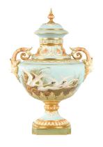 C.H.C. BALDWYN A FINE ROYAL WORCESTER PEDESTAL CABINET VASE AND COVER