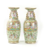 A GOOD PAIR OF 19TH CENTURY CELADON GROUND CANTONESE SLENDER SHOULDERED OVOID VASES