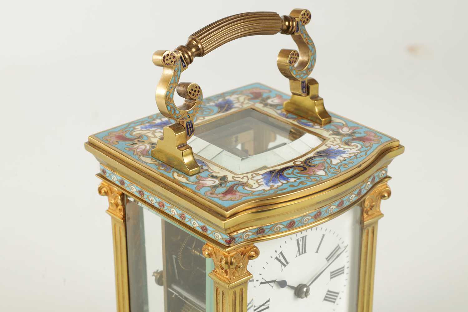 A LATE 19TH CENTURY FRENCH CHAMPLEVE ENAMEL STRIKING CARRIAGE CLOCK - Image 5 of 8