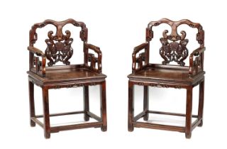 A GOOD PAIR OF 19TH CENTURY CHINESE HARDWOOD OPEN ARMCHAIRS