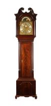 JOHN BENSON, WHITEHAVEN. A GEORGE III FIGURED MAHOGANY EIGHT-DAY BRASS DIAL MOON ROLLER LONGCASE CLO