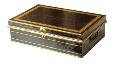 A LATE 19TH CENTURY BLACK LACQUERED LIDDED BOX by Ede, Son & Ravenscroft