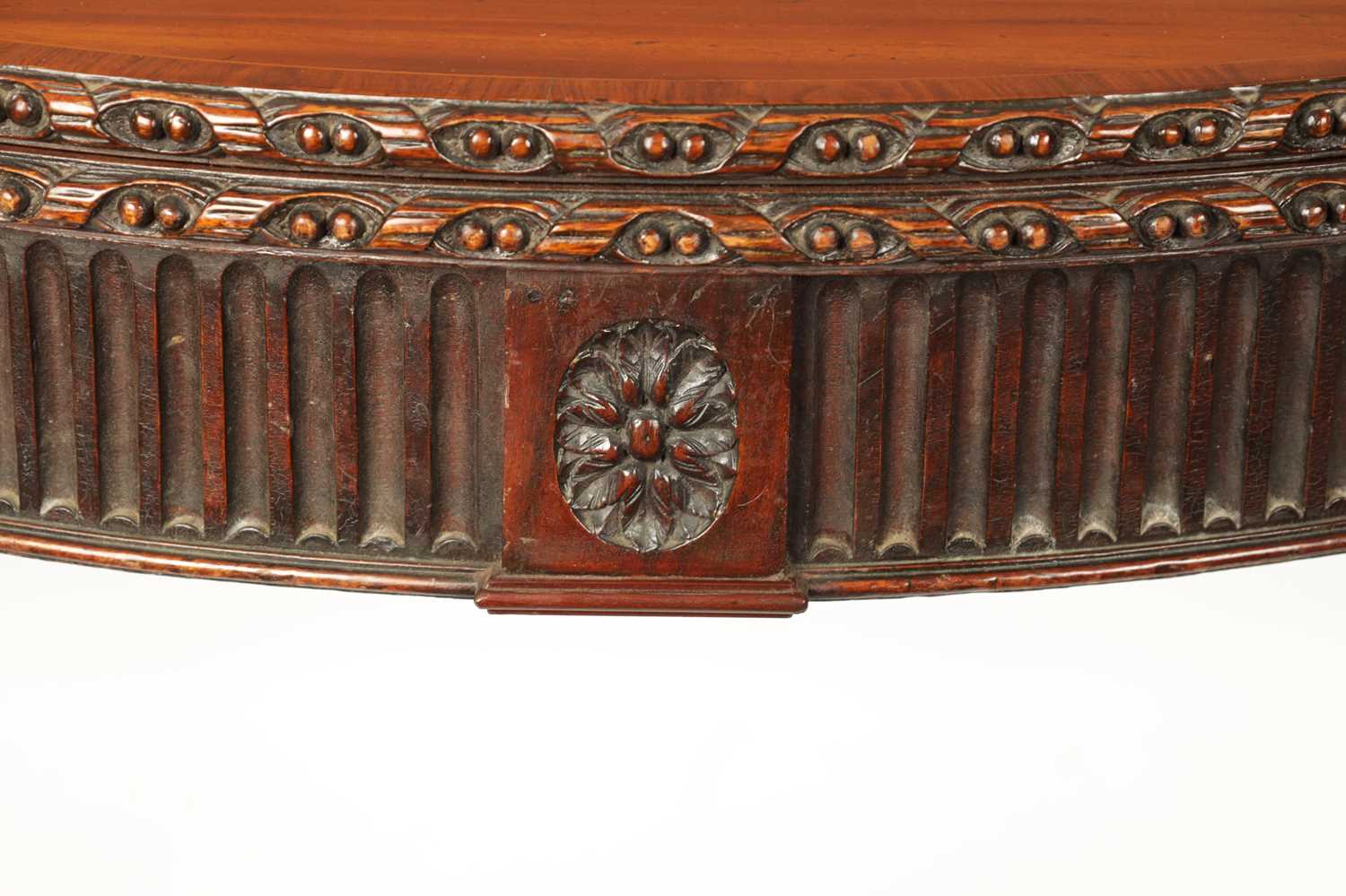 A GEORGE III MAHOGANY DEMI LUNE CARD TABLE IN THE MANNER OF ROBERT ADAM - Image 3 of 9