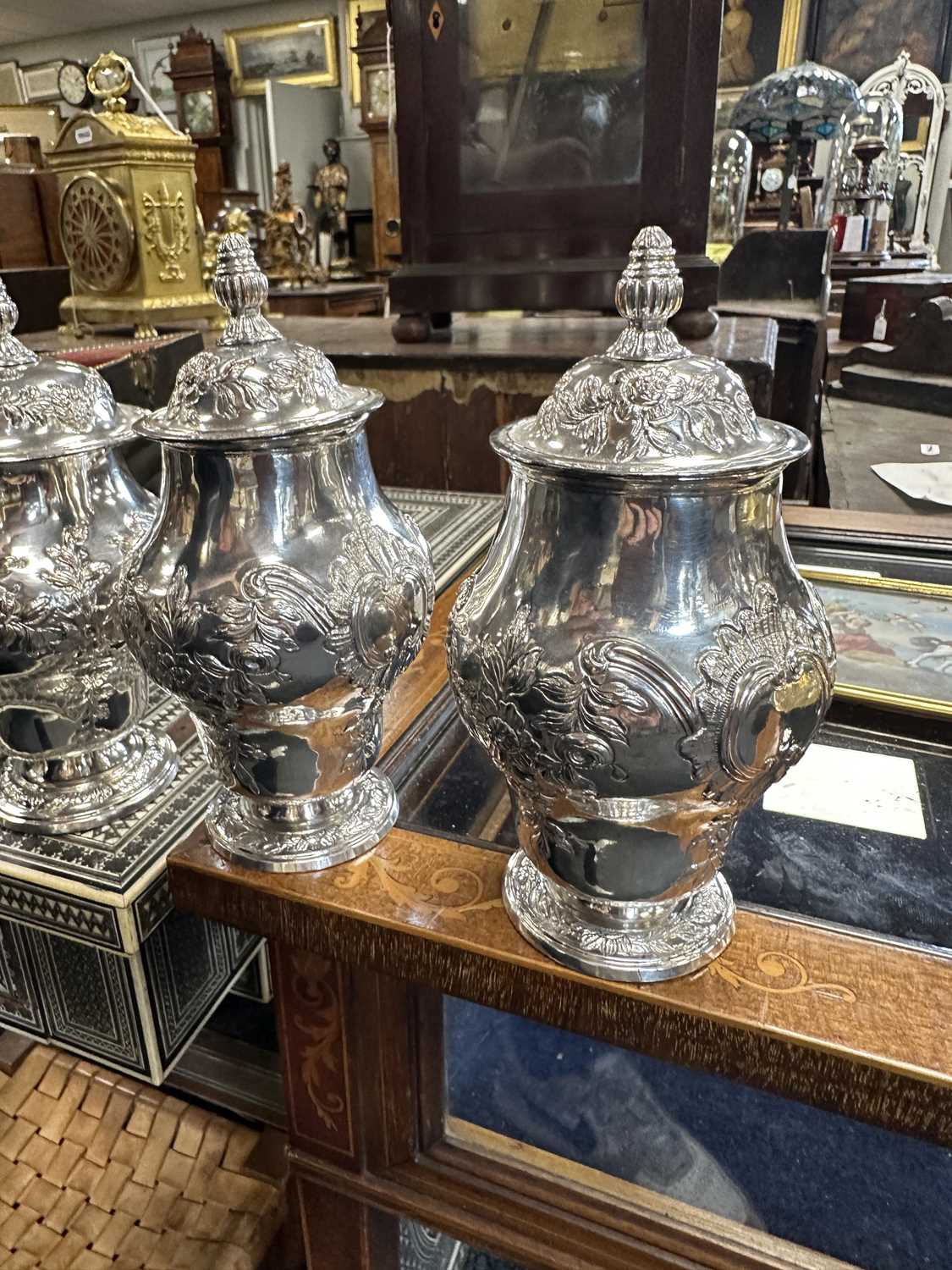 A GOOD GEORGE III SHAGREEN CASED SET OF THREE OLD SHEFFIELD TEA CADDIES - Image 17 of 22