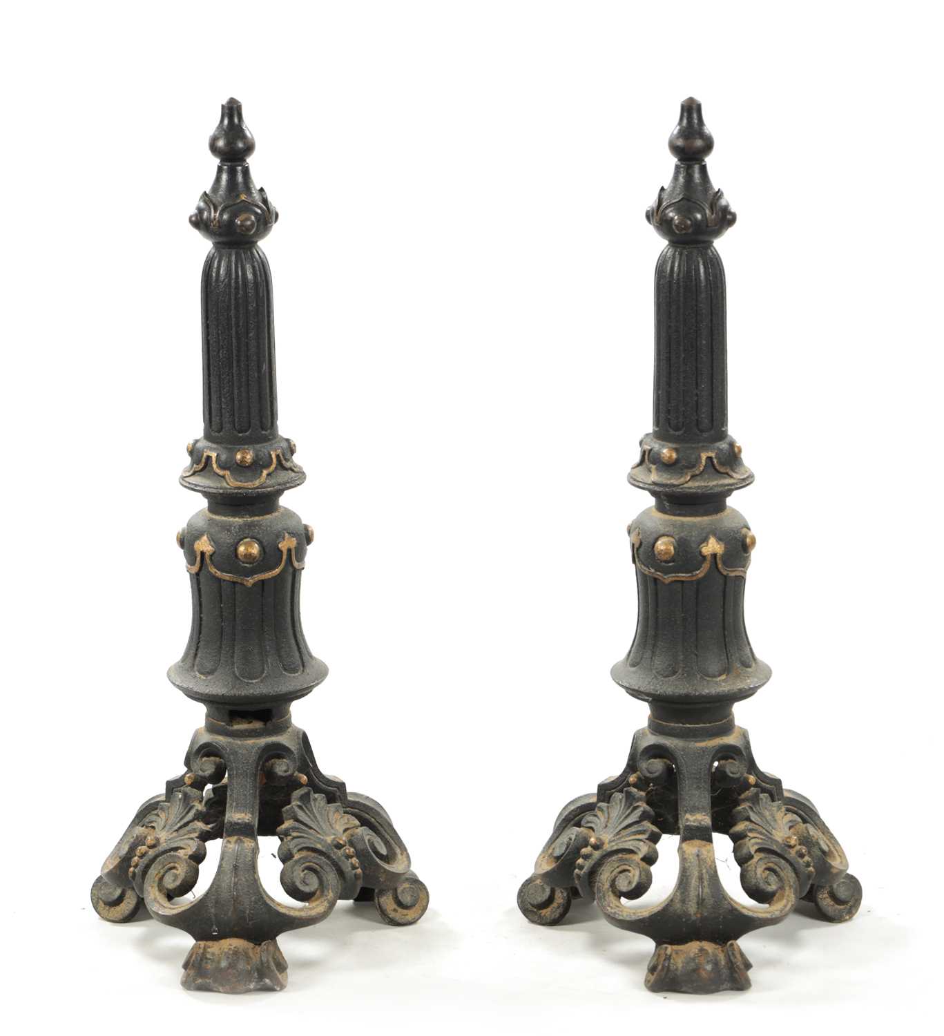 A PAIR OF LATE 19TH CENTURY CAST IRON FIRE DOGS