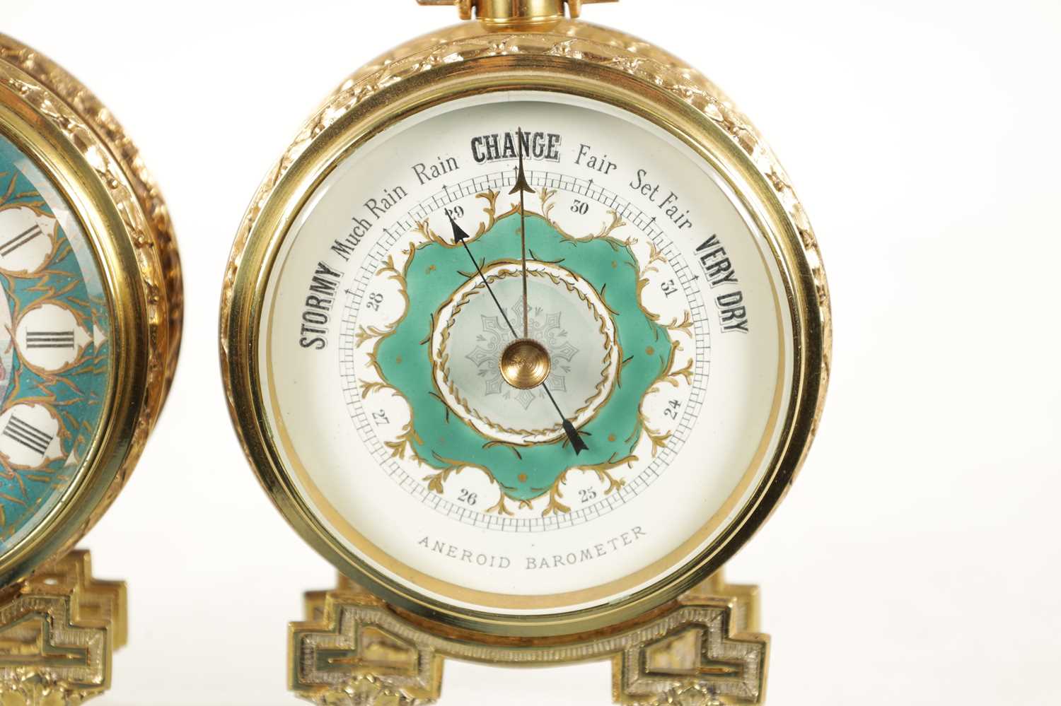 A LATE 19TH CENTURY DESK CLOCK AND BAROMETER SET - Image 3 of 9