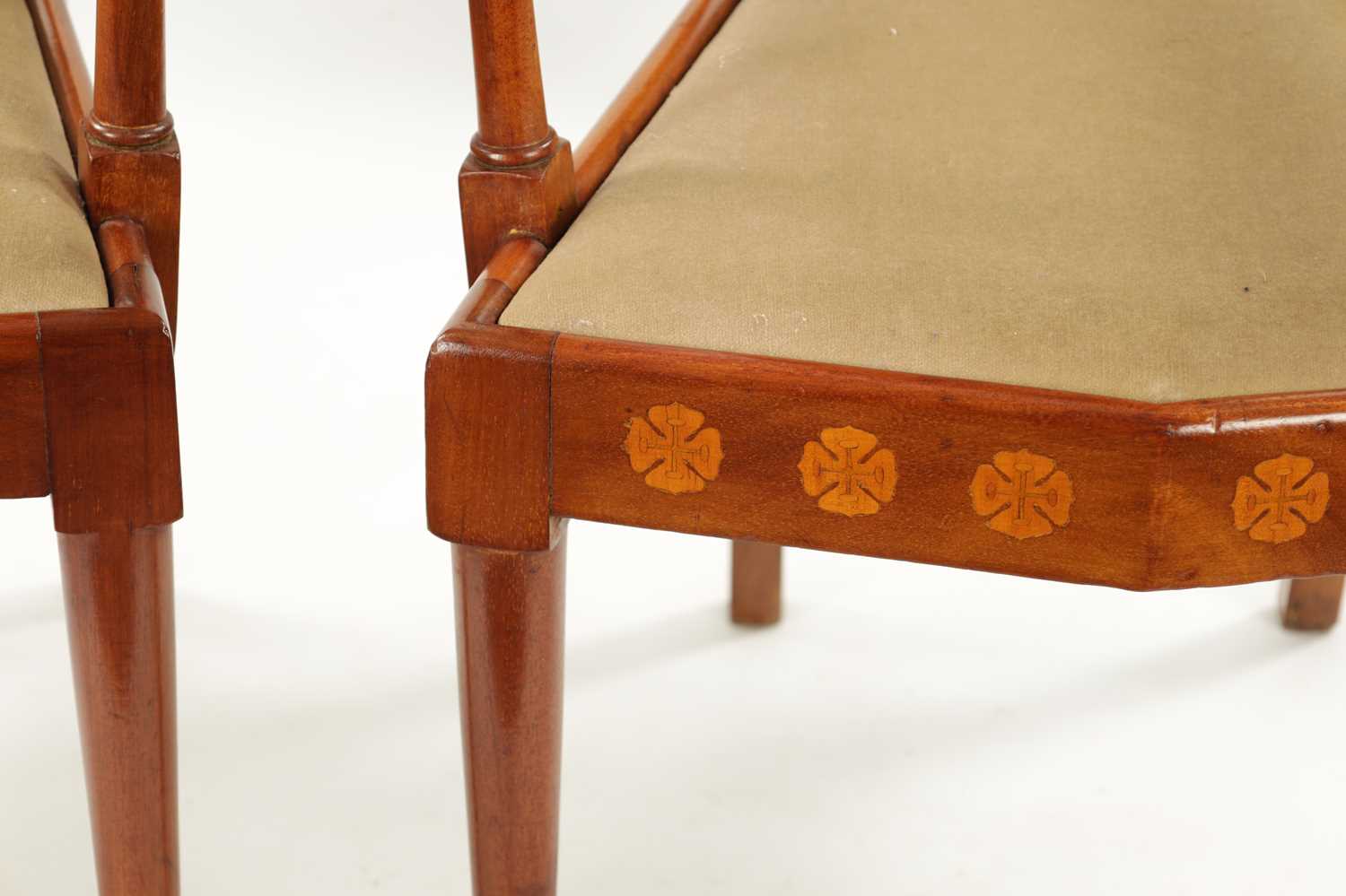 A PAIR OF INLAID MAHOGANY ART NOVEAU LIBERTY-STYLE UPHOLSTERED ARMCHAIRS - Image 5 of 11