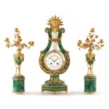 A FINE OVER-SIZED 19TH CENTURY FRENCH ORMOLU AND MALACHITE LYRE SHAPED EIGHT-DAY MYSTERY CLOCK GARNI