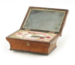 A 19TH CENTURY BURR WALNUT MUSICAL SEWING KIT