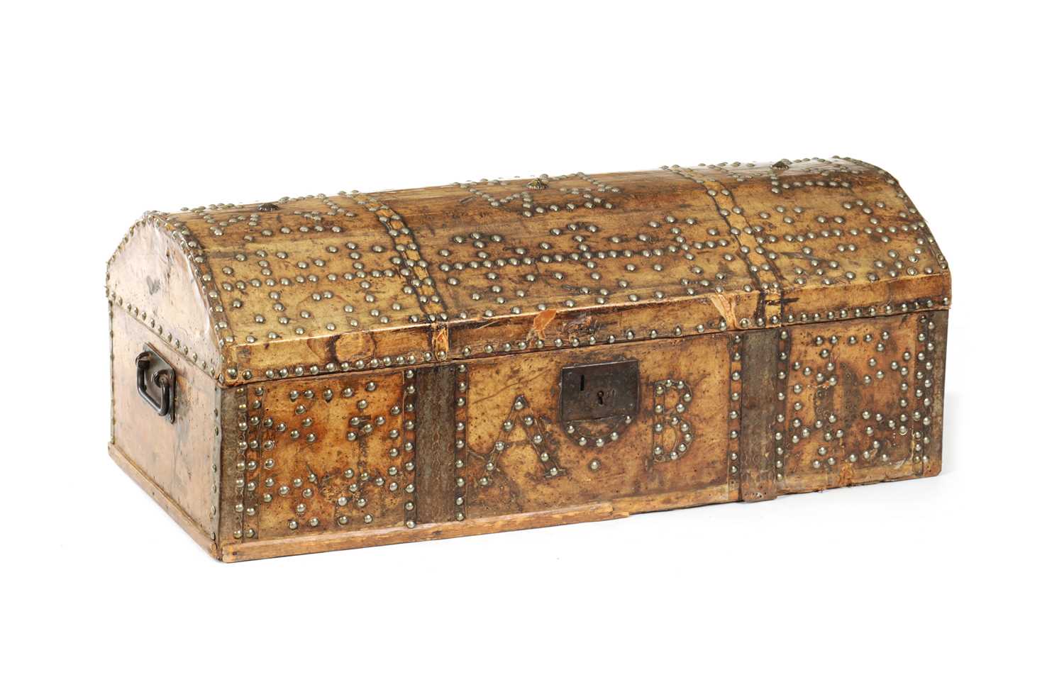 A 17TH CENTURY DOME TOP STUDDED LEATHER TRUNK