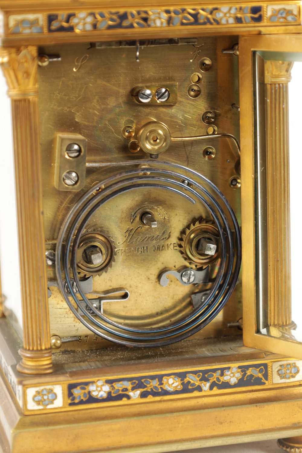 A LATE 19TH CENTURY FRENCH GILT BRASS AND CHAMPLEVE ENAMEL REPEATING CARRIAGE CLOCK - Image 8 of 9