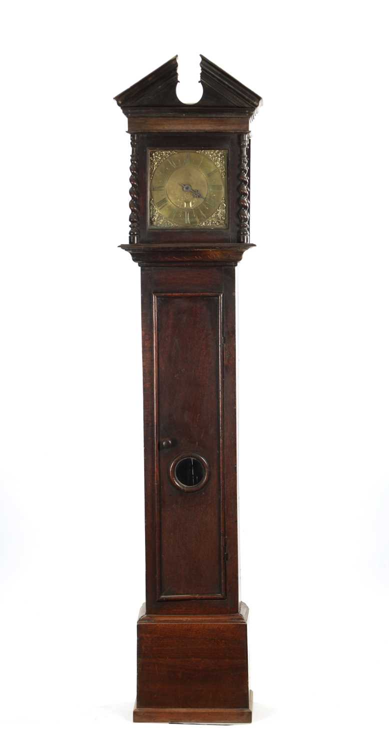 GABRIEL SMITH, BARTHOMLEY. AN EARLY 18TH CENTURY OAK 30-HOUR LONGCASE CLOCK