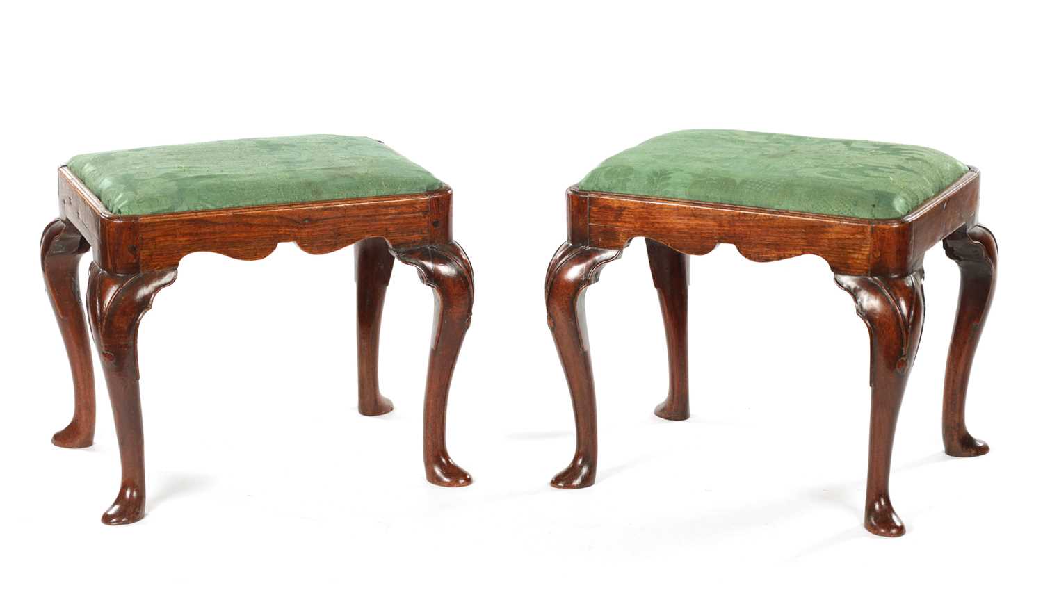 A GOOD AND RARE PAIR OF GEORGE I WALNUT DRESSING STOOLS