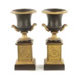 A PAIR OF 19TH CENTURY BRONZED GILT CAST IRON URNS