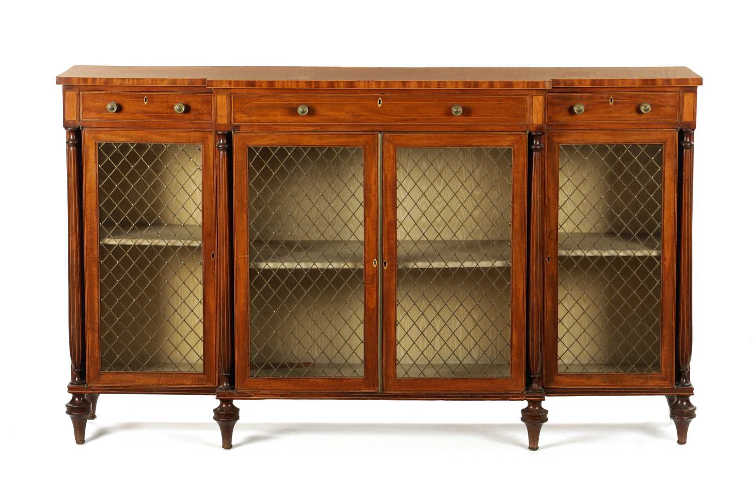 A FINE GEORGE III SATINWOOD BANDED AND INLAID FIGURED MAHOGANY BREAKFRONT SIDE CABINET