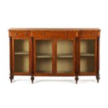 A FINE GEORGE III SATINWOOD BANDED AND INLAID FIGURED MAHOGANY BREAKFRONT SIDE CABINET