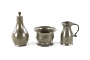 THREE PIECES OF 18TH CENTURY PEWTER WARE COMPRISING A WIG POWDER, A MINIATURE TANKARD AND SALT