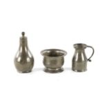 THREE PIECES OF 18TH CENTURY PEWTER WARE COMPRISING A WIG POWDER, A MINIATURE TANKARD AND SALT