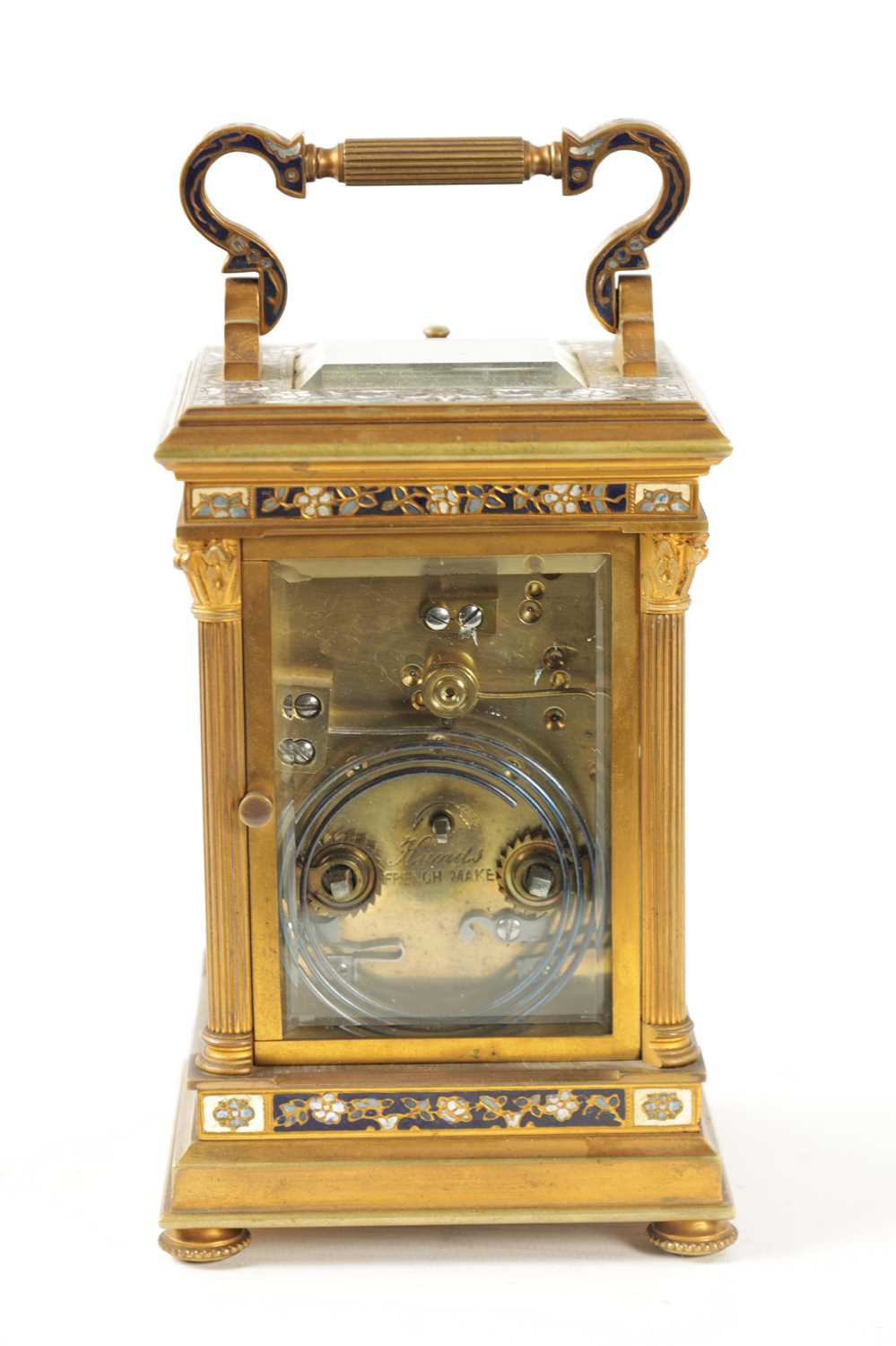 A LATE 19TH CENTURY FRENCH GILT BRASS AND CHAMPLEVE ENAMEL REPEATING CARRIAGE CLOCK - Image 7 of 9