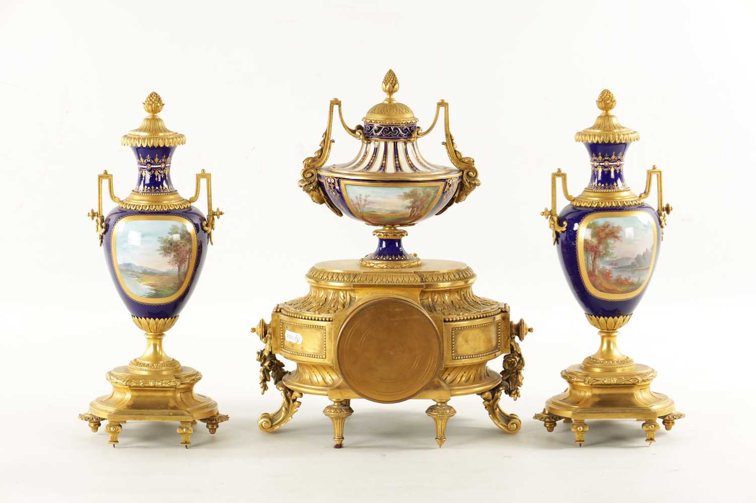 A FINE 19TH CENTURY FRENCH ORMOLU AND SEVRES PORCELAIN CLOCK GARNITURE - Image 9 of 12