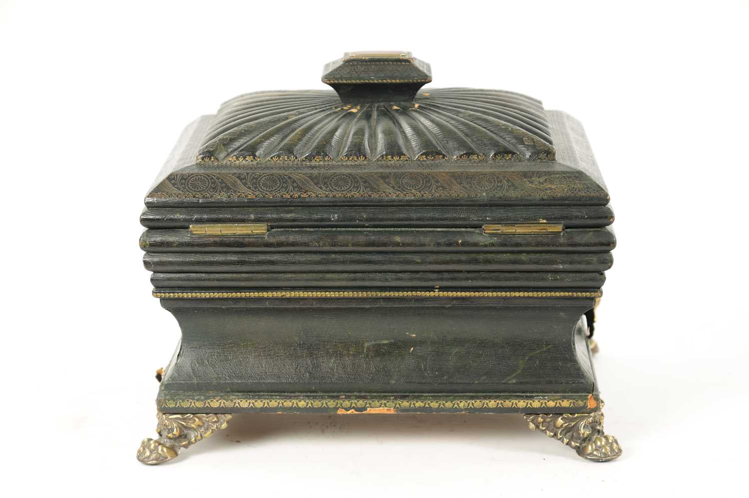 A FINE REGENCY TOOLED LEATHER LADIES COMBINED SEWING / WRITING BOX OF SARCOPHAGUS FORM - Image 10 of 11