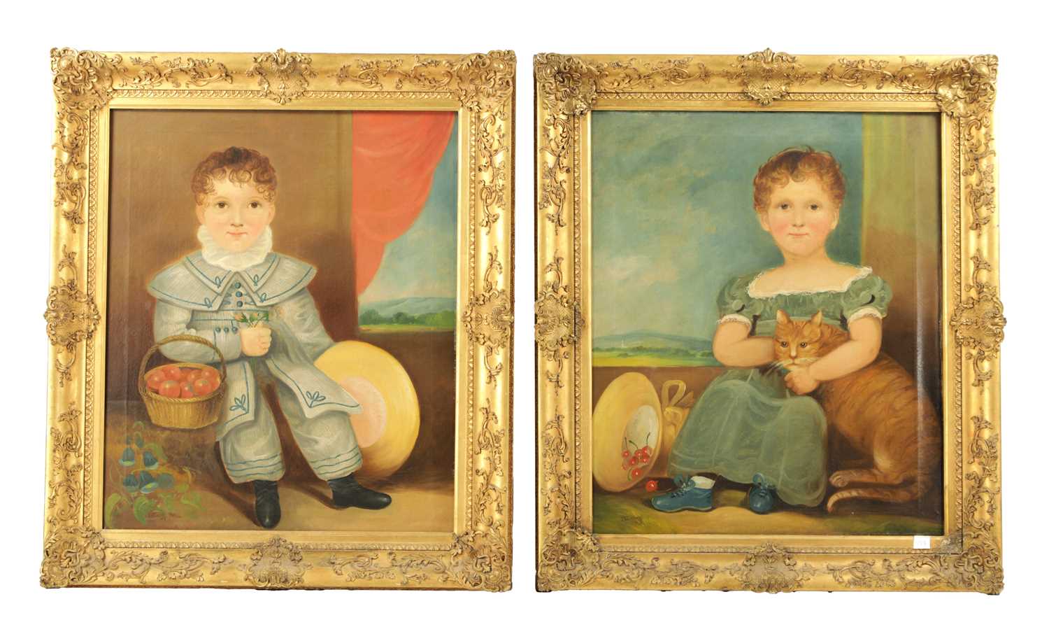 I.B.EATON, A FINE PAIR OF 19TH CENTURY NAIVE SCHOOL FULL LENGTH PORTRAITS OF CHILDREN