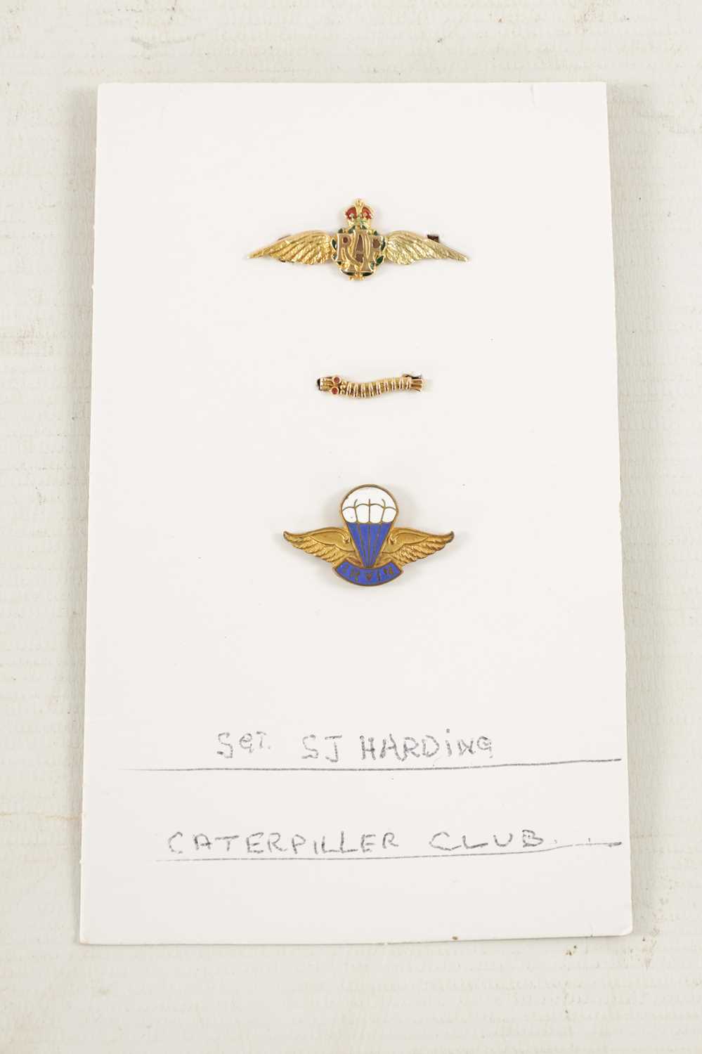 A RARE WW2 GOLD CATERPILLAR CLUB BADGE WITH RUBY EYES AWARDED TO SERGEANT S.J. HARDING - Image 2 of 10