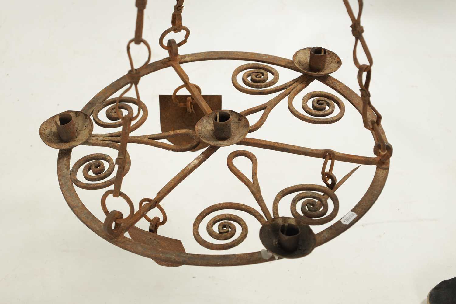 AN ARTS AND CRAFTS MEDIEVAL STYLE WROUGHT IRON HANGING CHANDELIER - Image 2 of 4