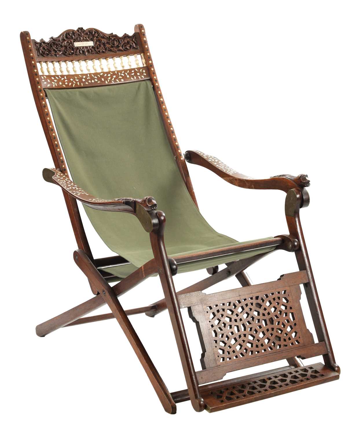 A LATE 19TH CENTURY ANGLO INDIAN IVORY INLAID HARDWOOD FOLDING CHAIR