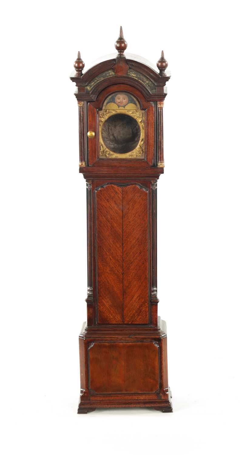 A RARE 18TH CENTURY MAHOGANY POCKET WATCH HOLDER FORMED AS A LIVERPOOL LONGCASE CLOCK