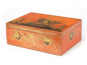 A 19TH CENTURY RED LACQUER AND CHINOISERIE DECORATED BOX