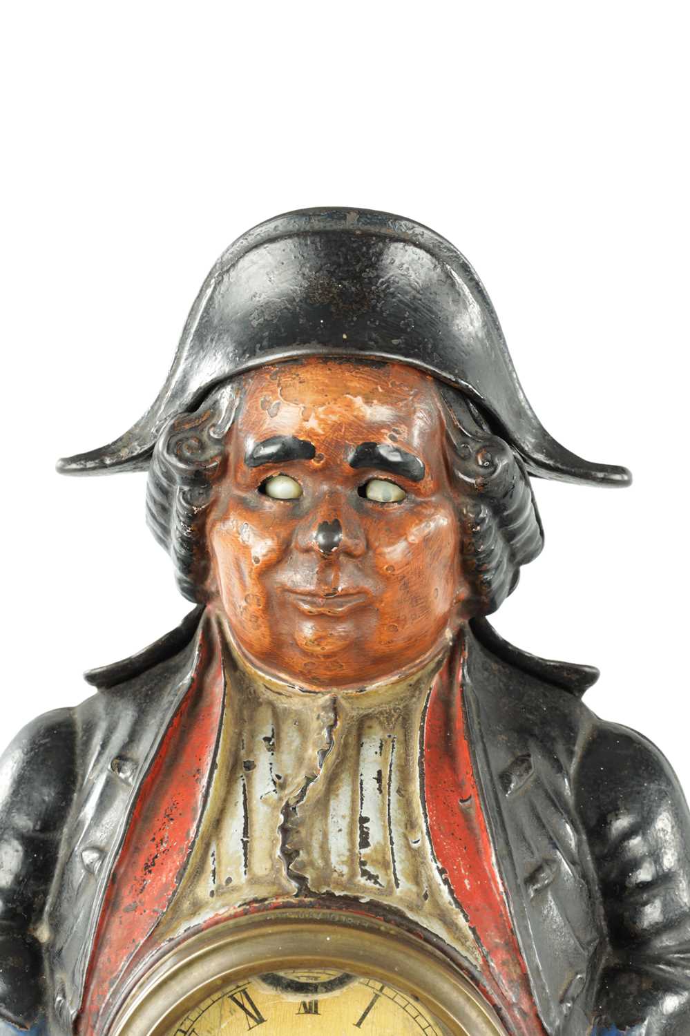 AN AMERICAN POLYCHROME PAINTED CAST IRON FIGURAL BLINKING EYE "CONTINENTAL MODEL" MANTEL TIMEPIECE - Image 3 of 9