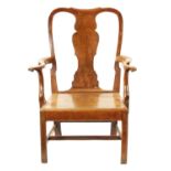 A LARGE EARLY 18TH CENTURY WALNUT SPLAT BACK COUNTRY ARMCHAIR