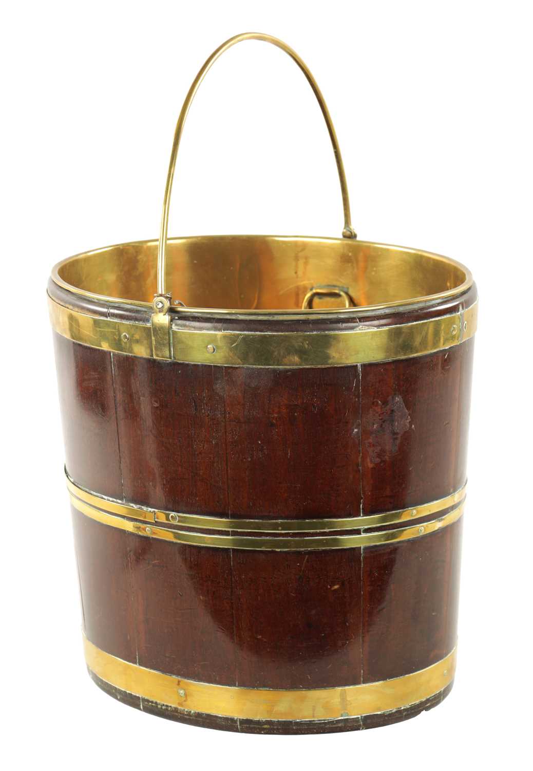 A GEORGE III OVAL MAHOGANY BRASS BOUND OYSTER BUCKET