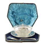 A VICTORIAN SILVER BUTTER DISH IN FITTED LEATHER CASE