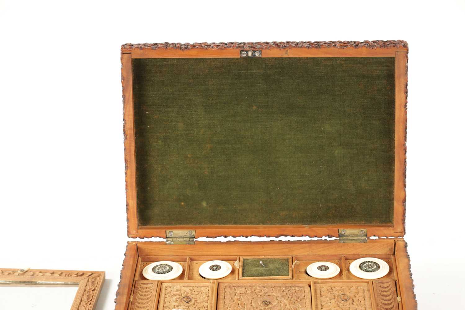 A 19TH CENTURY INDIAN CARVED HARDWOOD SEWING BOX - Image 8 of 14