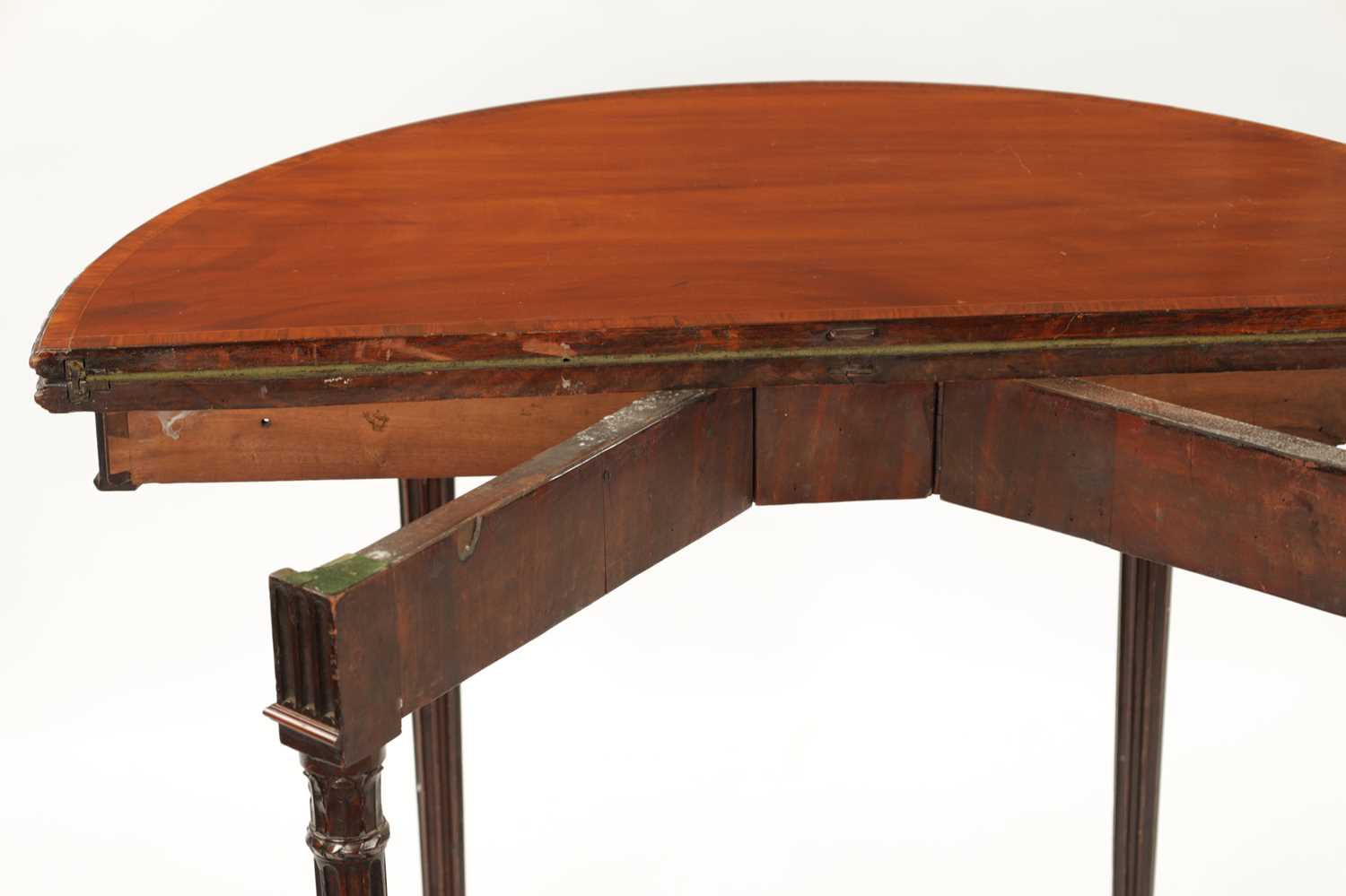 A GEORGE III MAHOGANY DEMI LUNE CARD TABLE IN THE MANNER OF ROBERT ADAM - Image 7 of 9
