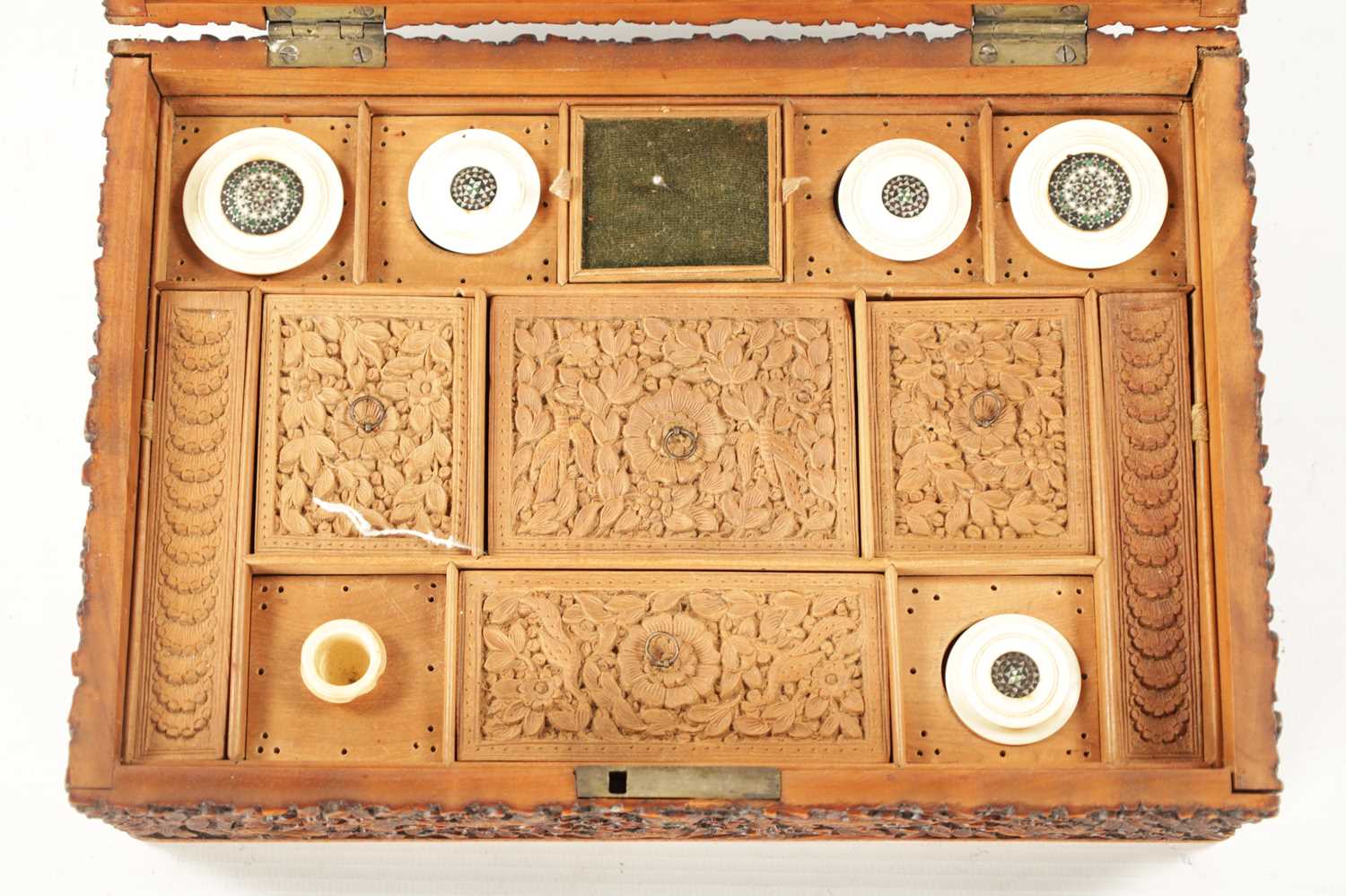 A 19TH CENTURY INDIAN CARVED HARDWOOD SEWING BOX - Image 6 of 14