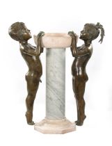 A 20TH CENTURY FIGURAL BRONZE AND MARBLE FOUNTAIN