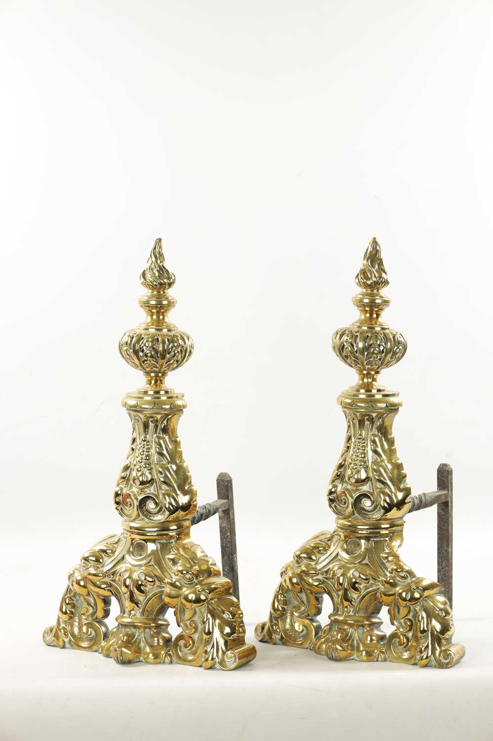 A PAIR OF 19TH CENTURY BRASS AND IRON FIRE DOGS OF LARGE SIZE - Image 4 of 8